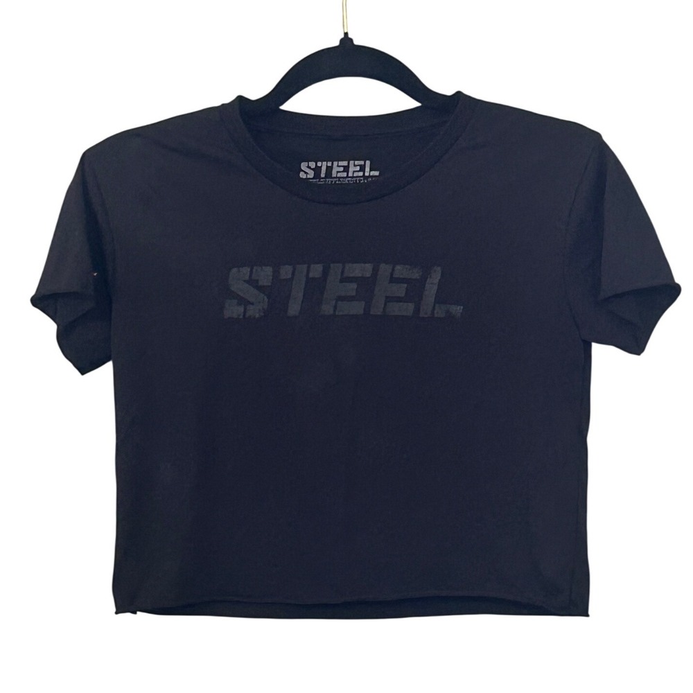 Steel Supplements Black Crop Top Women XS Raw Hem Graphic Tee - Picture 2 of 7